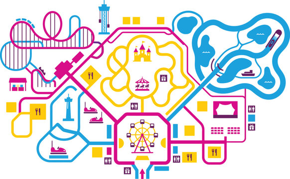 Colorful theme park map illustration with roller coaster