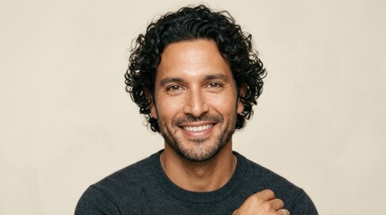 Obraz premium A man with curly hair smiling, wearing a dark gray sweater against a light beige background.