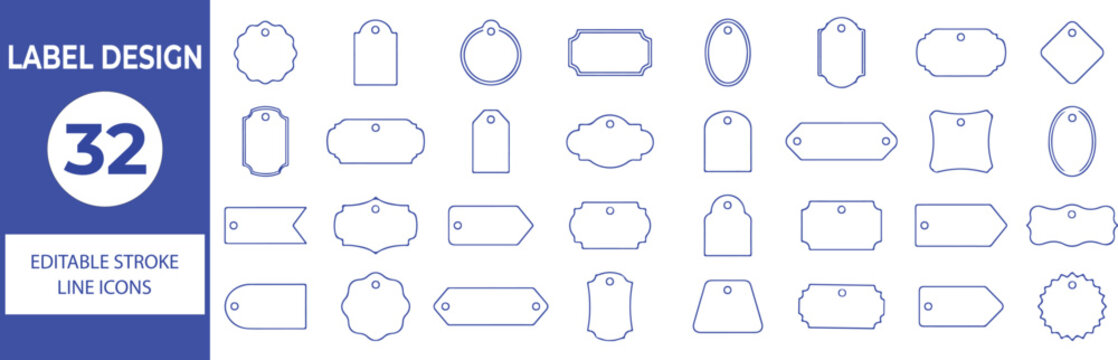 32 Label Design Vector Outline Icons Set,Tag, Badge, Sticker, Product Label and Price Tag Line Symbols Collection,Editable Stroke