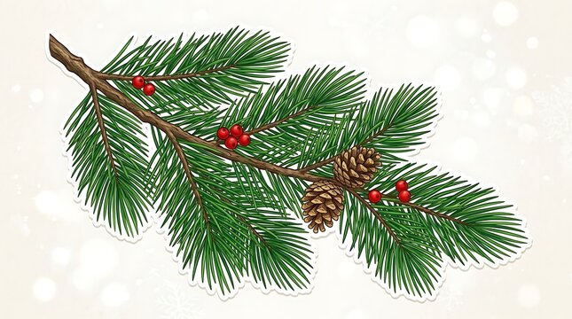Green pine tree branch with red berries and brown pinecone