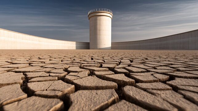 Global warming drought concept, empty water reservoir with cracked ground, wide angle, realistic textures, calm neutral tone, environmental editorial stock image