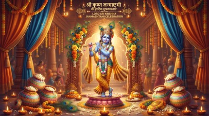 Fototapeta premium Lord sri krishna janmashtami celebration with decorative pots and traditional indian elements