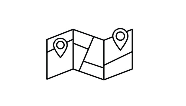 Clean folded road map line icon with location pins representing travel route, navigation, and geography concepts.