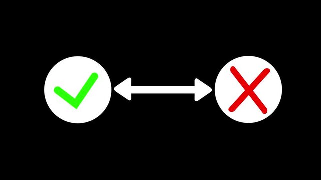 
Check mark  animation icon. Video footage of yes green icon  or no red icon, true or false with alpha chance, icon animation on a black background. 4k video animation.
