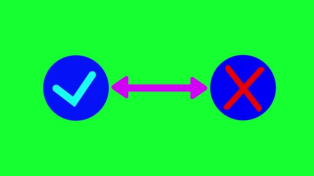 Check mark  animation icon. Video footage of yes sine icon  or no red icon, true or false with alpha chance, icon animation on a green background. 4k video animation.
