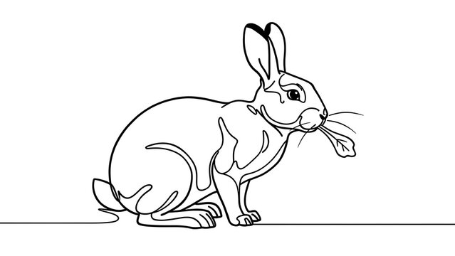 Line art rabbit eating carrot white background.