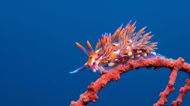 Chromatic Nudibranch Portrait Gliding Across Sea Fan Coral Branches Study