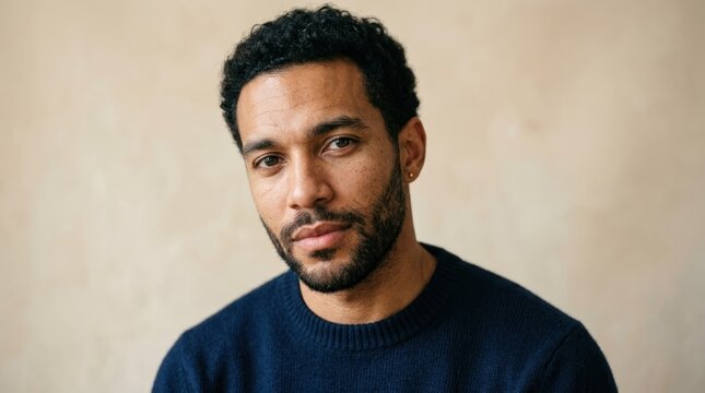 A man with a beard wearing a dark blue sweater, standing against a neutral background.