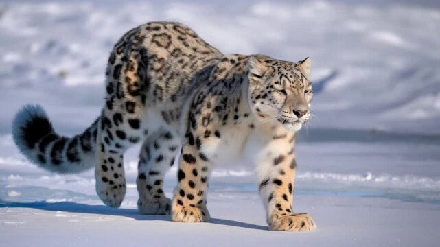 Majestic snow leopard prowling across frozen arctic tundra landscapes during cold winter days with leopard walking gracefully cat