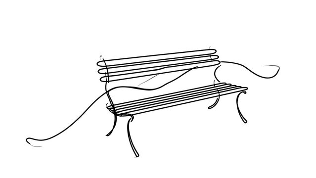 Minimalist line art bench sketch white background.