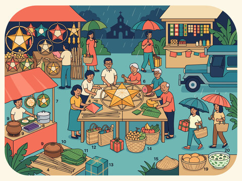 Filipino people making traditional parol star lantern during Christmas season.