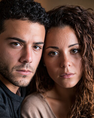 Obraz premium Close-up portrait of a serious young man and woman with curly hair looking directly at the camera, conveying intensity and connection.