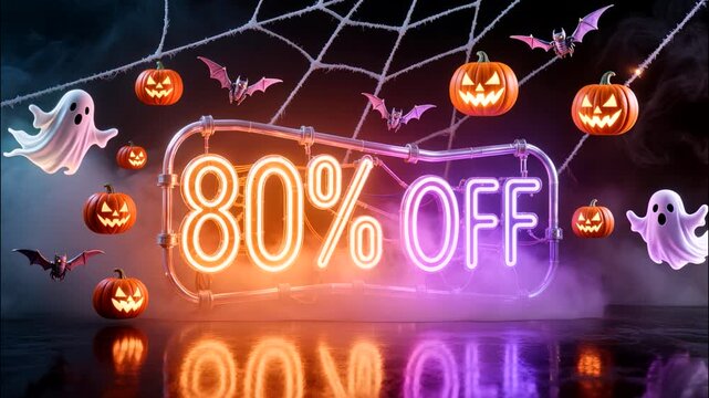 Glowing 80% OFF Halloween Neon Sign Surrounded by Jack O Lanterns, Ghosts and Bats, Seasonal Retail Sale Background