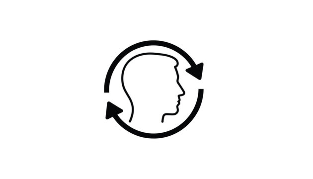 Human head silhouette with circular recycle arrows representing brain reset memory refresh or recycling mind.
