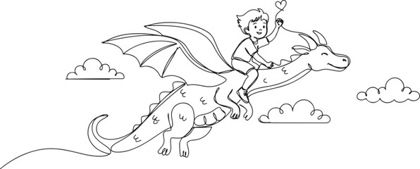 Obraz premium happy little boy flying with fantasy dragon. Child fly and sitting on back dragon at the sky. Kids imaginary fairytale.one line vector drawing