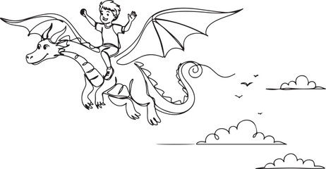 Obraz premium happy little boy flying with fantasy dragon. Child fly and sitting on back dragon at the sky. Kids imaginary fairytale.one line vector drawing