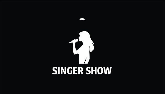 Black and white minimalist vector logo featuring a female singer silhouette with microphone under spotlight for singer show.