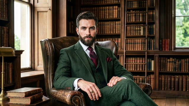 refined man in leather armchair