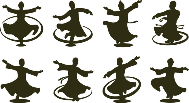 Collection of eight whirling dervish silhouettes performing spiritual dance with flowing robes and outstretched arms isolated on white