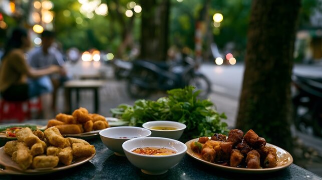 Street food plates with fried snacks and dipping sauces on a table beside trees and blurred urban background