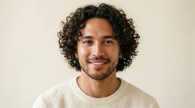 A man with curly hair smiling, wearing a white sweater, against a neutral background.