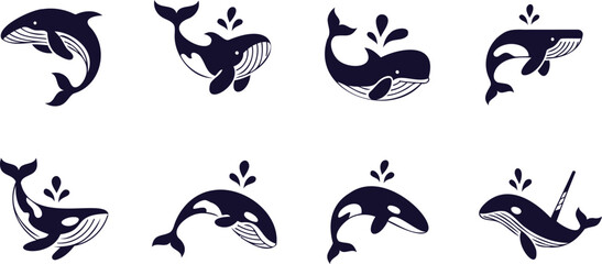 Collection of stylized blue whales and orcas with water spouts isolated on transparent background © Shahin Stock
