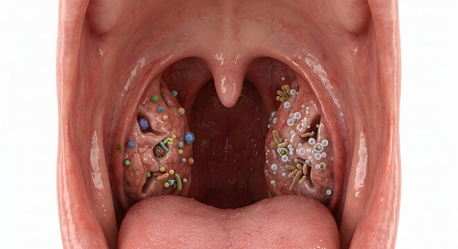 Highly Detailed Medical 3D Render of Palatine Tonsils Capturing Airborne Pathogens, Bacteria, and Viruses in the Human Throat