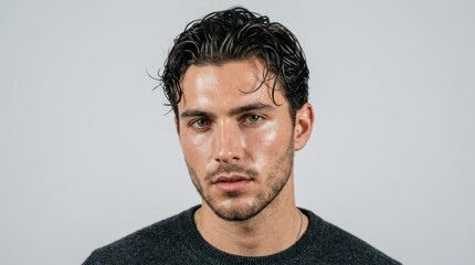 Obraz premium A man with wet hair, wearing a gray sweater, standing against a plain background.