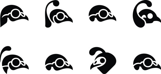 Fototapeta premium Set of eight stylized black bird head silhouettes with distinctive facial features and head ornamentation