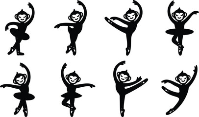 Set of eight stylized black monkey ballerinas in various graceful dance poses and positions © Shahin Stock