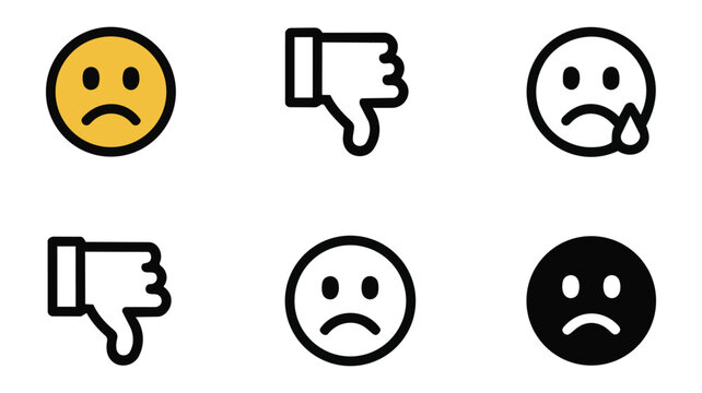 Sad face and thumbs down icons line art on white background