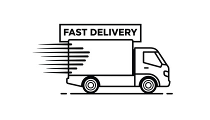 Fototapeta premium Line art illustration of a delivery van speeding forward with motion lines and a prominent fast delivery banner.