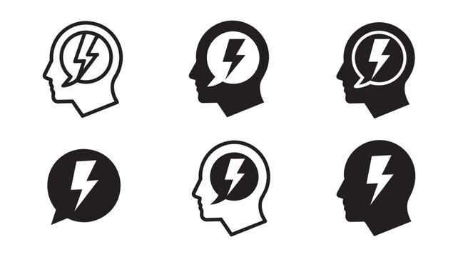Idea lightning bolt icons with head silhouettes black and white vector set