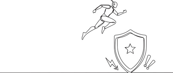 Fototapeta premium robot jump over big shield. Protection, insurance, from business danger. Future technology development. Artificial intelligence.one line vector drawing