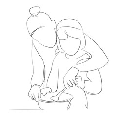 One continuous line drawing on white isolated background. Minimalism linear illustration. mother, children, together, daughter, person, family, fun, cooking, food, home