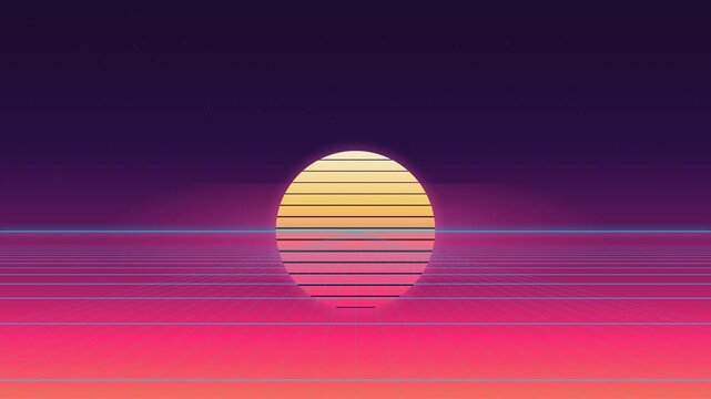 Synthwave Retro Grid Horizon Neon Sunset Seamless Loop 4K