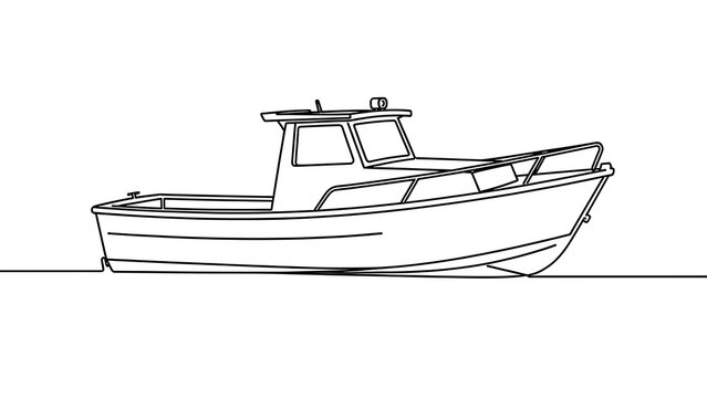 Small fishing boat line drawing white background.