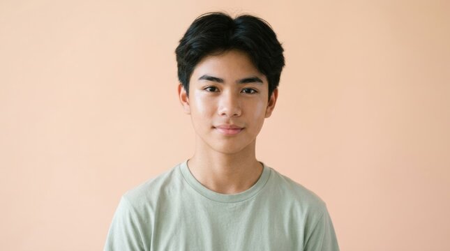 A young man with short black hair, wearing a light green t-shirt, standing against a plain beige background.