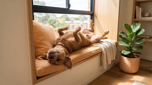 Carefree dog stretches belly-up along a warm apartment window bench