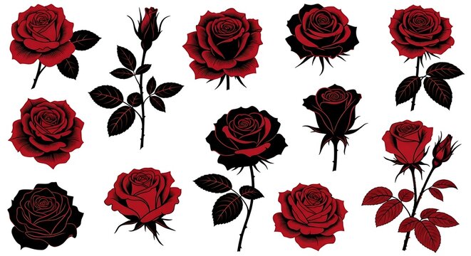 A collection of handdrawn illustration style red rose flowers with green leaves isolated on a plain white background for design