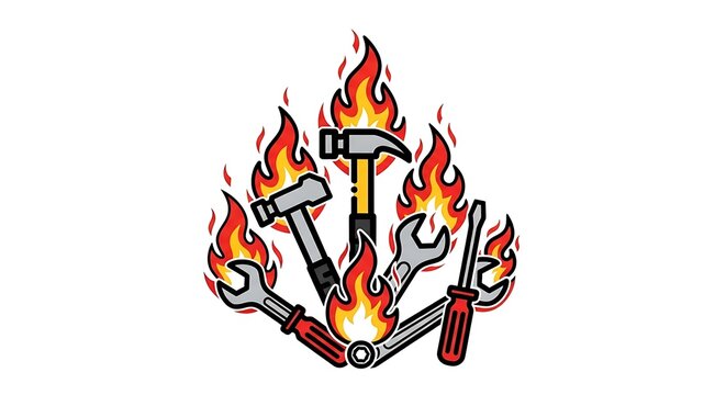 A vector illustration showing a collection of construction repair tools like hammers and wrenches surrounded by stylized bright orange and yellow flames