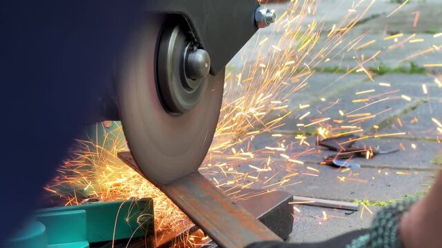 An angle grinder slices a piece of steel outdoors producing a burst of bright sparks, metalwork activity, industrial production, repair task.