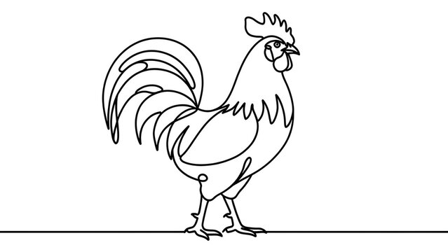 Minimalist rooster line drawing on white background.