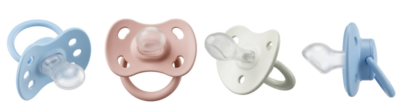Pastel baby pacifiers arranged in a row showing different angles for childcare products isolated on transparent background