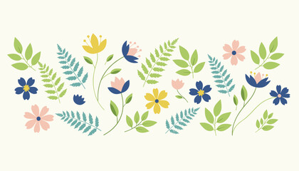 Fototapeta premium Beautiful floral pattern with colorful wildflowers, leaves, and ferns arranged horizontally on a light background.