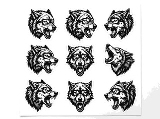 Obraz premium Fierce Wolf Head Vector Art Sticker Set Ferocious Animal Graphics