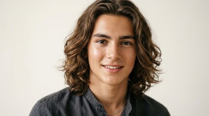 Obraz premium A young man with long, wavy hair smiling against a plain background.