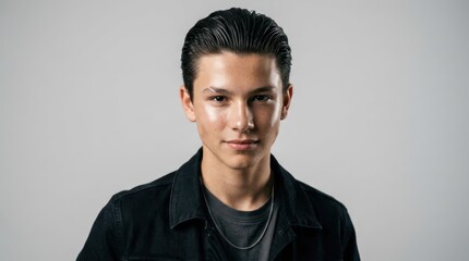 Obraz premium A young man with short hair wearing a black jacket and a gray t-shirt, standing against a plain white background.