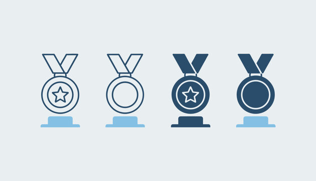 Set of four medal award icons in different outline and flat styles with blue shades representing achievement.