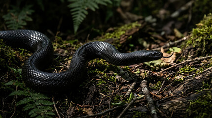 Fototapeta premium A Black Snake Slithers Through a Forest Floor, Catching Sunlight